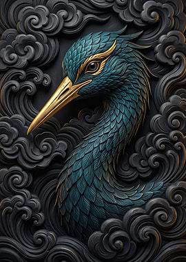 Intricate Teal and Gold Bird Sculpture