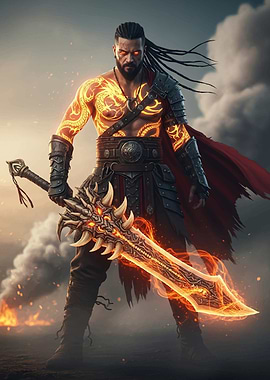 Warrior with Fiery Dragon Sword