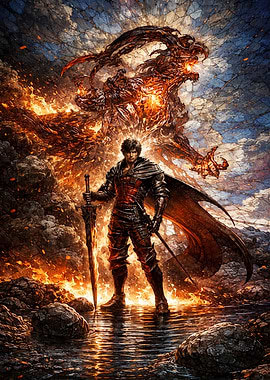 Warrior Facing Fiery Dragon