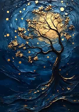 Golden Tree in Blue Swirls