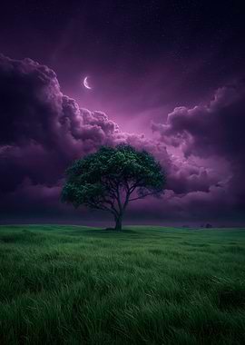 Mystical Night Landscape with Tree