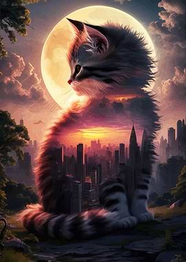 Cat silhouette over cityscape at sunset