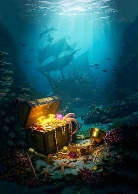 Underwater Treasure Chest with Sunken Ships