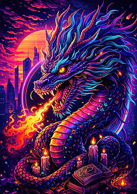 Neon Dragon Breathing Fire Over City