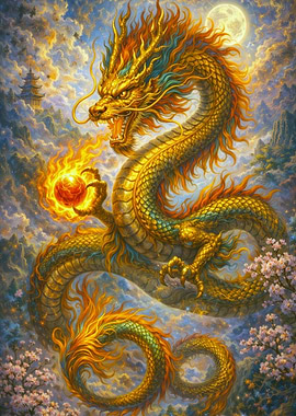 Golden Dragon with Fireball