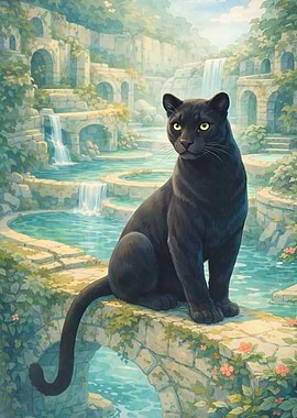 Black Panther in a Serene Garden Oasis