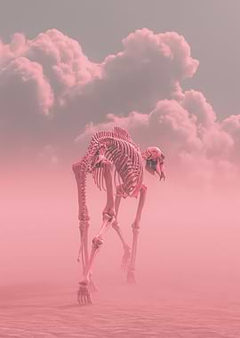 Pink Skeleton Creature in Foggy Landscape