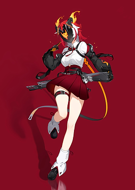 Anime Girl with Fiery Mask and Weapon