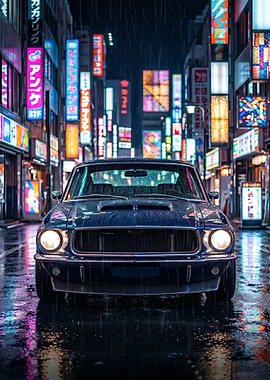 old Classic Car in Tokyo Neon City Rain