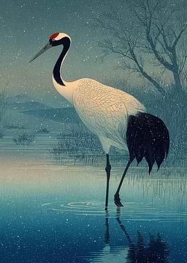 Red-crowned Crane in Snowy Water