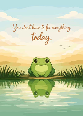Cute Frog Sunset Poster, Tranquil Nature Wall Art, Peaceful Pond Landscape Print