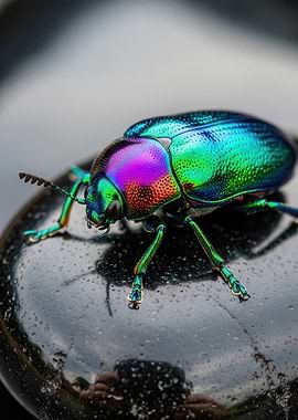 Iridescent Beetle on Black Stone