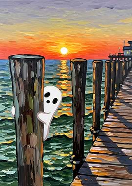 Ghost peeking from behind dock posts at sunset