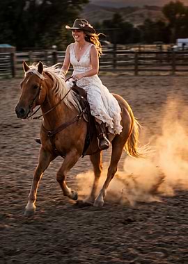 Bride on Horseback at Sunset