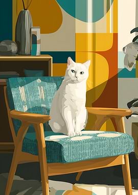 White cat on a retro chair