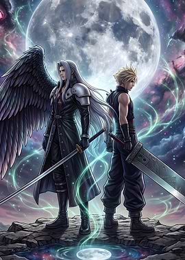 Final Fantasy VII Cloud and Sephiroth under the Moon
