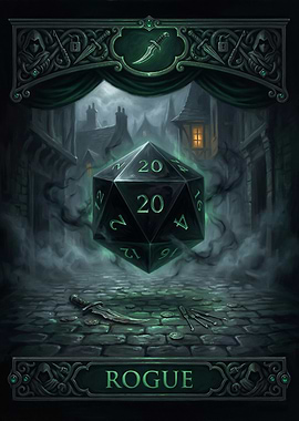 Rogue D20 Dice in a Dark Alley