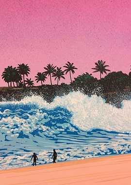 Retro Beach Scene with Surfers