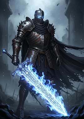 Knight with glowing blue sword