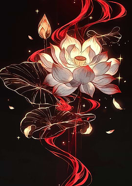 Glowing Lotus Flowers with Red Ribbons