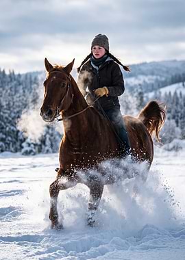 Girl Riding Horse in Snow