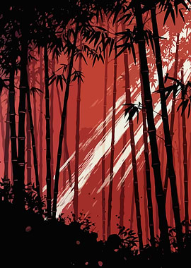 Red Bamboo Forest with Light Rays