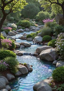 Serene Garden Stream with Flowers
