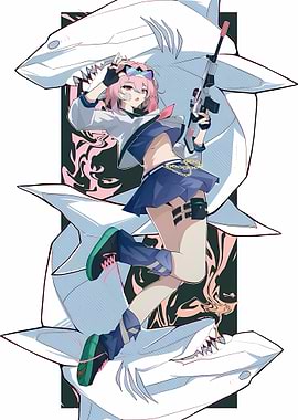 Anime Girl with Gun and Sharks
