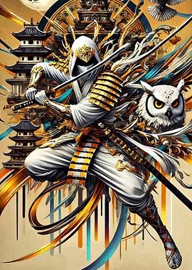 Samurai Warrior with Owl and Pagodas