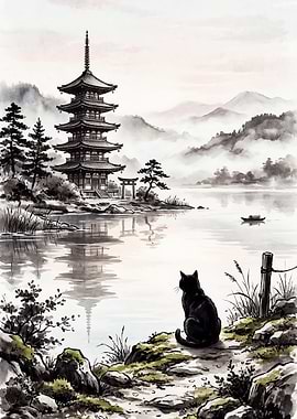 Black Cat Gazes at Pagoda by Lake