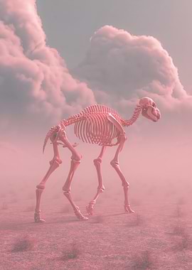 Pink Camel Skeleton in Desert Landscape