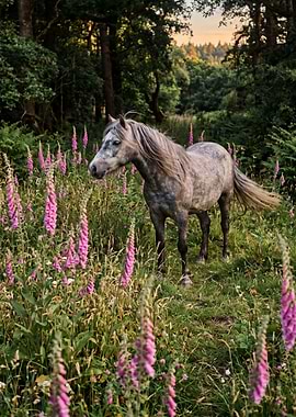 Horse in a field of foxgloves