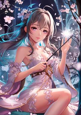 Anime Girl with Magic Wand and Flowers