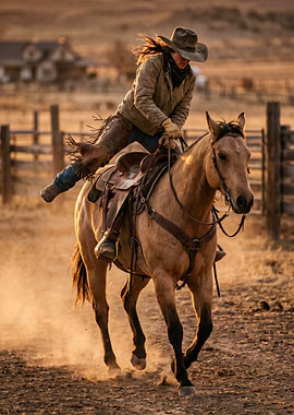 Cowgirl riding a bucking horse