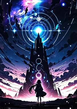 Girl facing a magical tower in space
