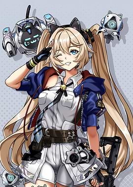 Anime Girl with Cat Ears and Robots
