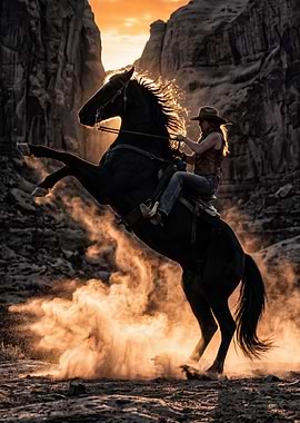 Cowgirl and Rearing Horse in Desert Sunset