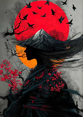 Samurai Woman Under Red Moon