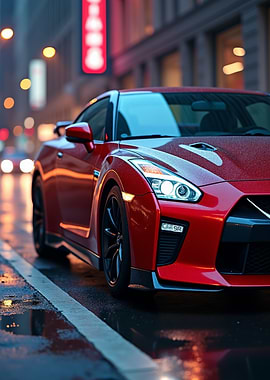 Red Nissan GT-R on Wet City Street