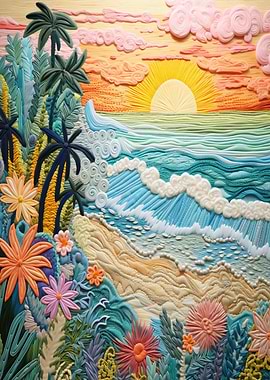 Embroidery Tropical Sunset Beach Scene