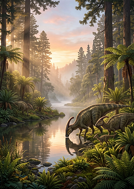 Dinosaurs drinking water in a prehistoric forest