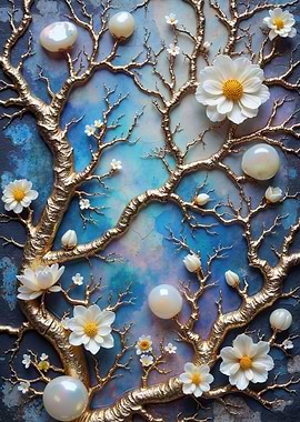 Golden Tree with White Flowers and Pearls