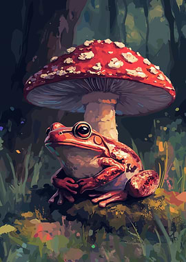 Frog Under a Mushroom