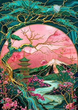 Japanese Stained Glass Landscape
