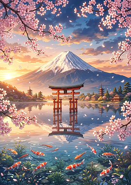 Mount Fuji with Cherry Blossoms and Koi Pond