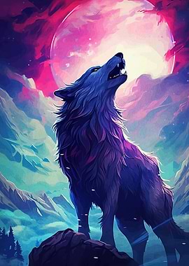 Wolf Howling at a Pink Moon