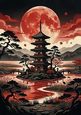 Pagoda under a Blood Moon
