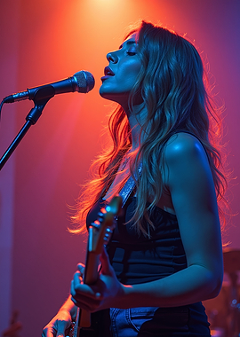 Woman singing and playing guitar on stage
