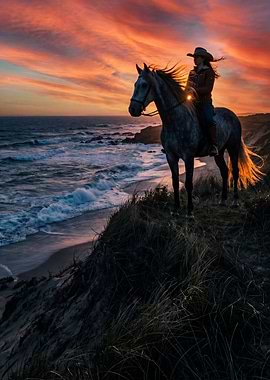 Cowgirl on Horse at Sunset Beach