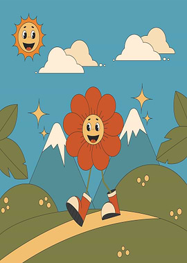 Retro Flower Character Walking in Nature